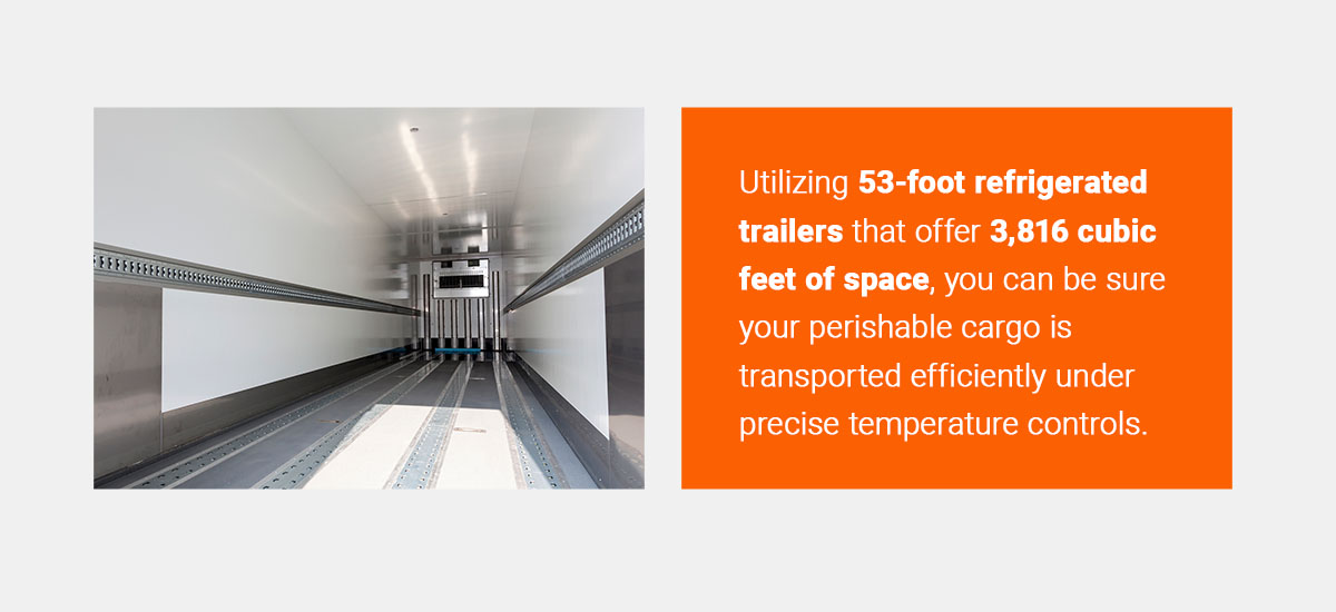 Utilizing 53-foot refrigerated trailers that offer 3,816 cubic feet of space, you can be sure your perishable cargo is transported efficiently under precise temperature controls.